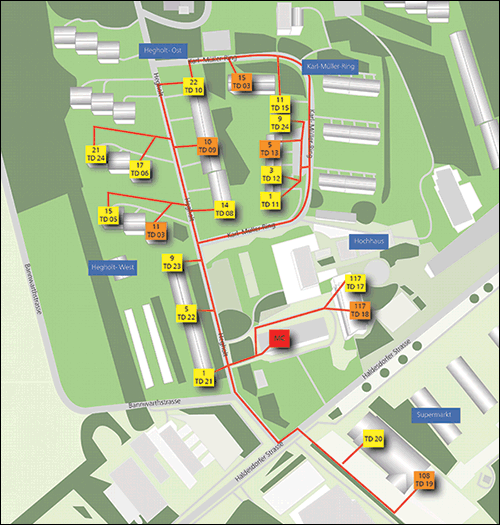 Figure 2. A typical environment of an urban grip with the maximum distance between nodes at 20m. Installation of one access node in a substation and installation of 22 nodes at one customer’s premises.