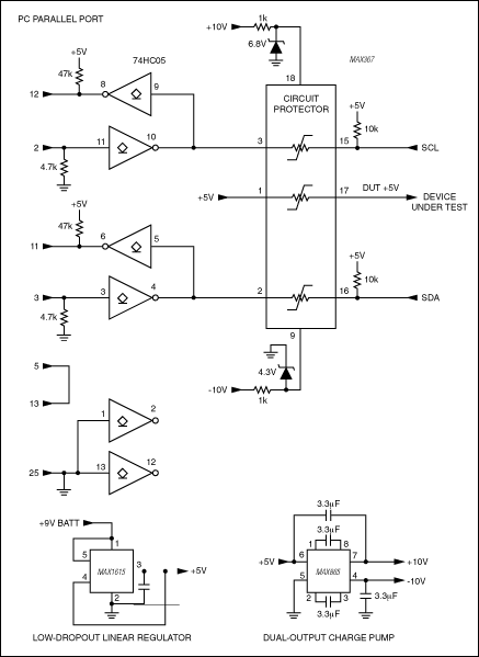 Figure 2. This parallel-port-to-I2C interface provides the open-collector connection to the I2C serial port mandated by the I2C specification. The MAX367 circuit-protector IC keeps voltages that exceed the supply rails from damaging the interface circuitry as well as the parallel port itself.