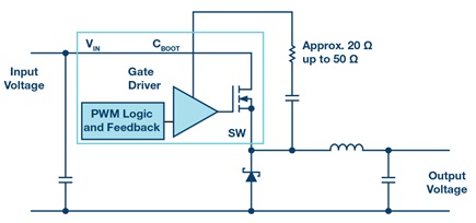 Slowing down of switching transitions in a nonsynchronous buck converter with a bootstrap resistor