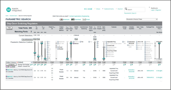 Parametric search tool used to narrow the down the choices.