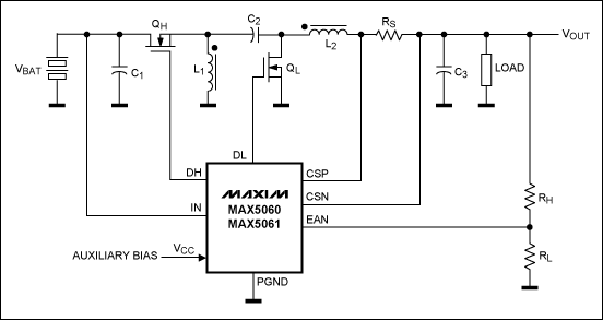 图7. 利用MAX5060/MAX5061构建简单的升/降压转换器
