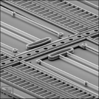 Figure 5. A comb motor. The springs in the center provide the restoring force, returning the electrostatic comb teeth to their original position. Courtesy of Sandia National Laboratories, Summit Technologies.