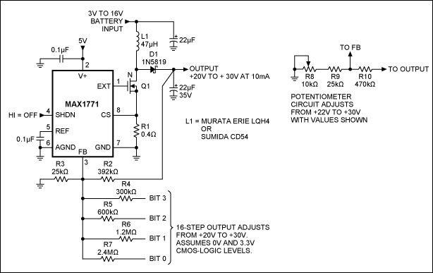 Figure 12. This circuit produces a bias (contrast) voltage for LCD panels that can be adjusted either with a potentiometer or digitally with a 4-bit DAC.