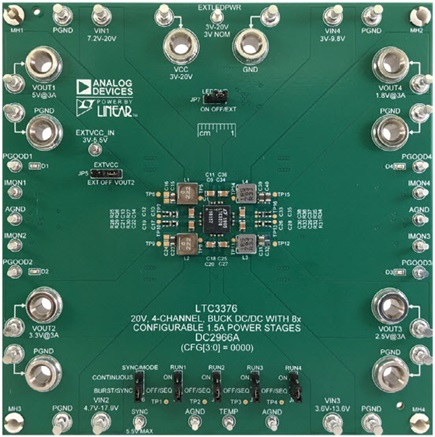 LTC3376 demonstration board for a 4 × 3 A buck solution with 5 V, 3.3 V,  2.5 V, and 1.8 V outputs