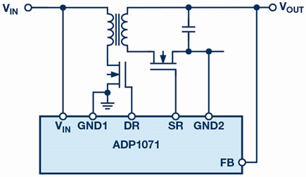 The ADP1071 flyback controller with an integrated feedback path for very accurate regulation