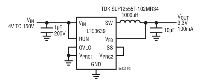 4V to 150V Input to 3.3V Output, 100mA Synchronous Buck Converter