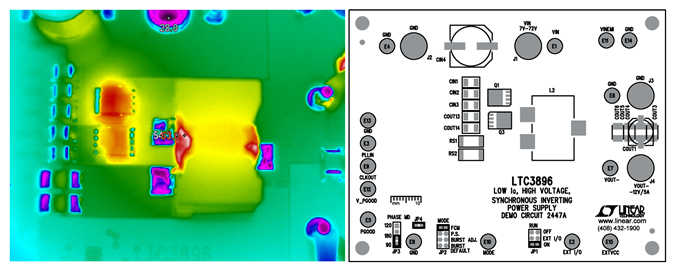 Figure 3. Thermal Image of DC2447A is Taken at 36V Input Voltage, –12V at 5A Output. On the Right Side, an Assembly Drawing of the Demo Board