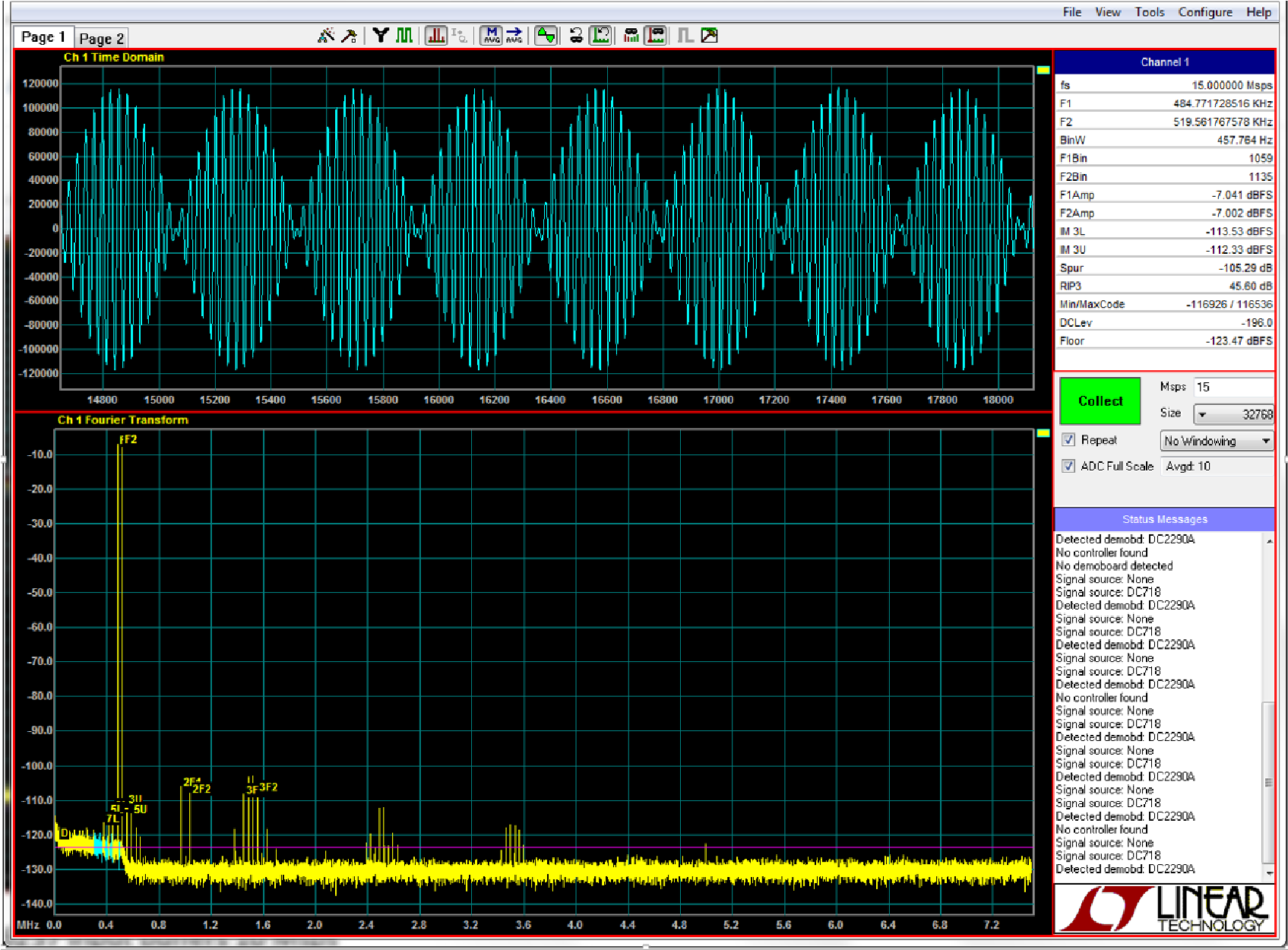 Figure 6 Two Tone Test at 485 and 519 KHz. (note IM3) (ignore SNR/floor)