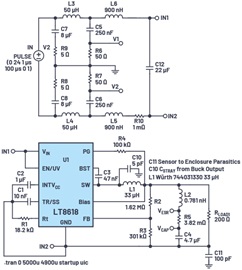  LTspice LISN circuit, LT8618 buck converter, and parasitic modeling