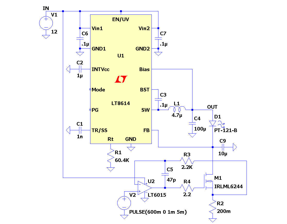Hybrid LED Driver Using LT8614 Voltage Supply with LT6015 Current Sink