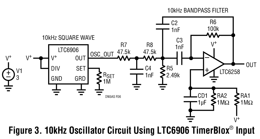 Figure 3. 10kHz Oscillator Circuit Using LTC6906 TimerBlox® Input