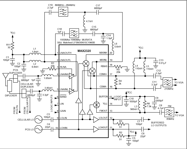 Figure 4. Typical operating circuit for the MAX2320 PCS-band LNA (receiver front end).