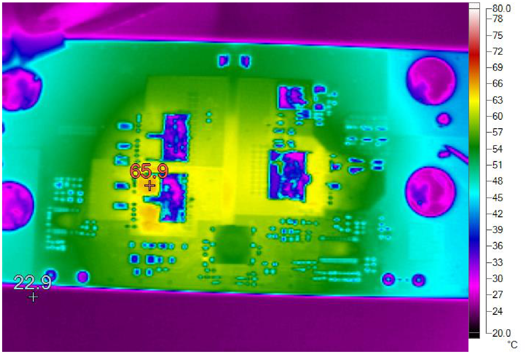 Thermal Image at 48Vin, 12V/20A output, without forced air (bottom side)