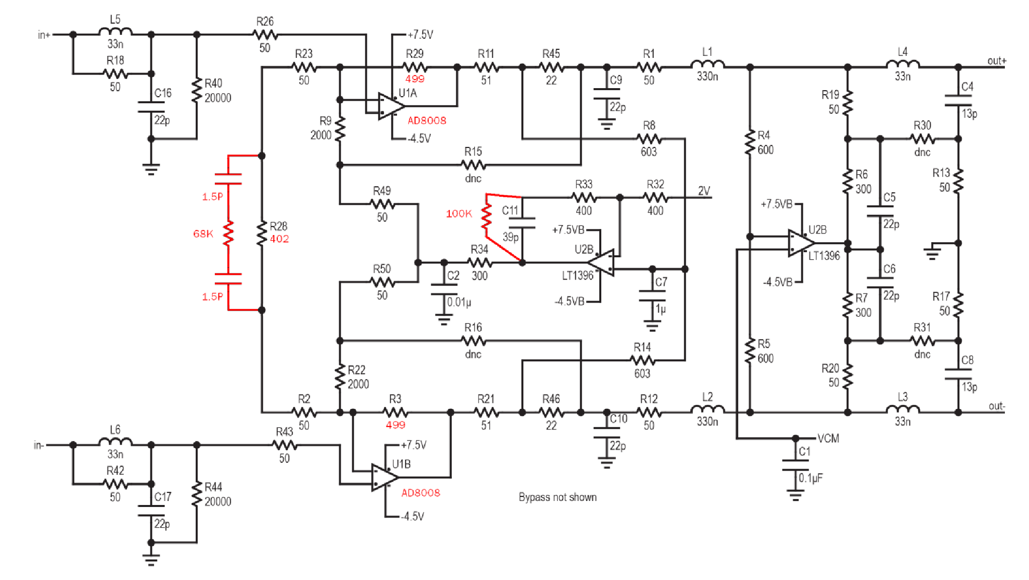 Figure 2 Values in red reflect changes from the LT1396 version to the 650 MHz CFA from vendor A