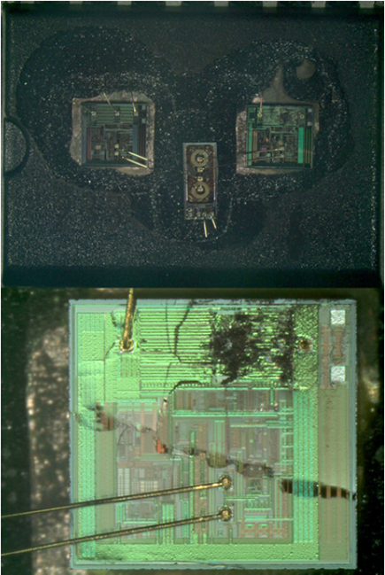 A gate driver chip photo showing damaged areas during test 10
