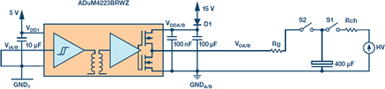 Layout of the EOS circuit ADuM4223 when used to determine the energy limit for isolation withstand