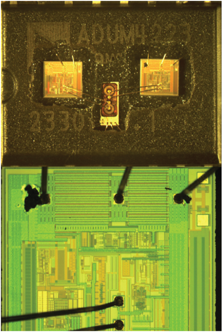 A gate driver chip photo showing the damaged area during test 8