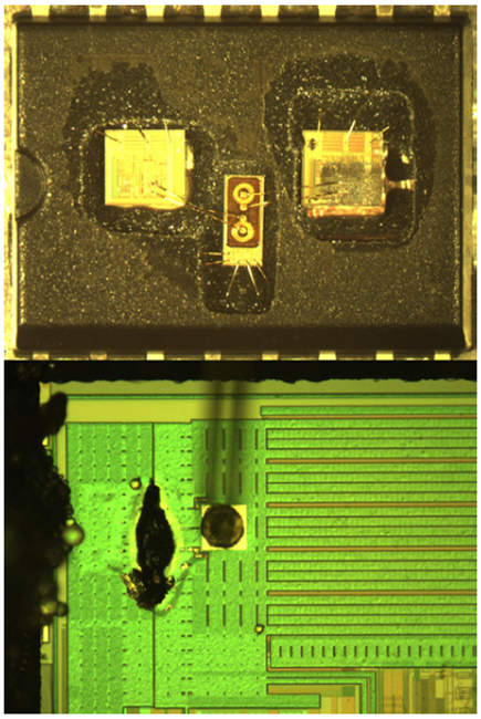 A gate driver chip photo showing damaged areas during test 9