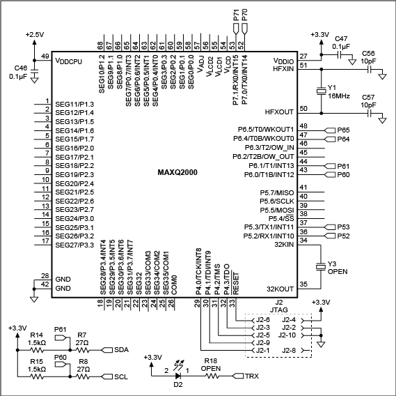 图3. 该原理图(基于MAXQ2000低功耗LCD µC)提供了一个能够工作在标准、快速或Hs模式的I²C主机