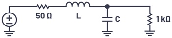 Figure 3. Matching a 50 Ω source to a 1 kΩ load at 100 MHz.