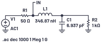 Figure 4. The matching components to match a 50 Ω source to a 1 kΩ load at 100 MHz.