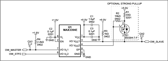 图1. 1-Wire双向电平(1.8V至5V)转换器电路原理图，注意，引脚I/O VL和I/O VCC具有10kΩ内部上拉。