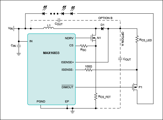 Figure 6. Two different options for connecting the output capacitor of a buck-boost LED driver.