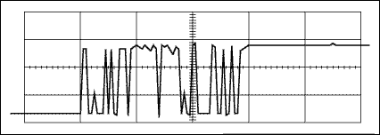 Figure 2. Another rising-edge switch bounce (for a 5A contact relay) shows an approximate 5.5ms bounce interval that includes 20 full-amplitude transitions and a few smaller ones.