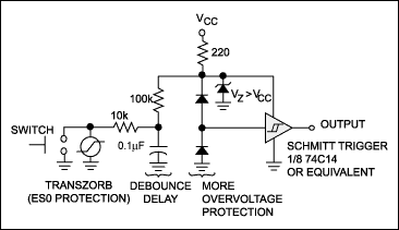Figure 3. Discrete components can provide debouncing with protection against ESD and overvoltage, but a properly designed discrete interface that accounts for all likely faults is unwieldy for more than a few inputs.