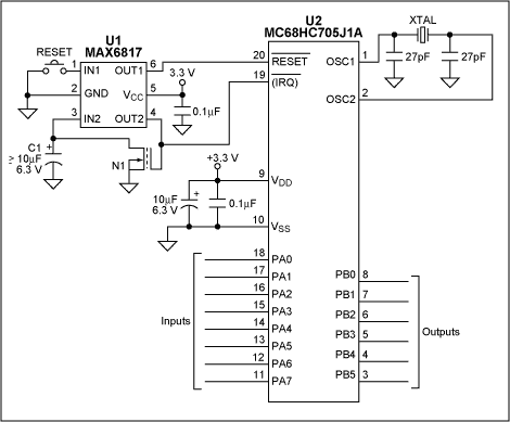 Figure 1. In addition to debouncing the microcontroller's RESET input, the unused half of this dual switch-debouncer IC (U1) is used to implement a long-period timer function.
