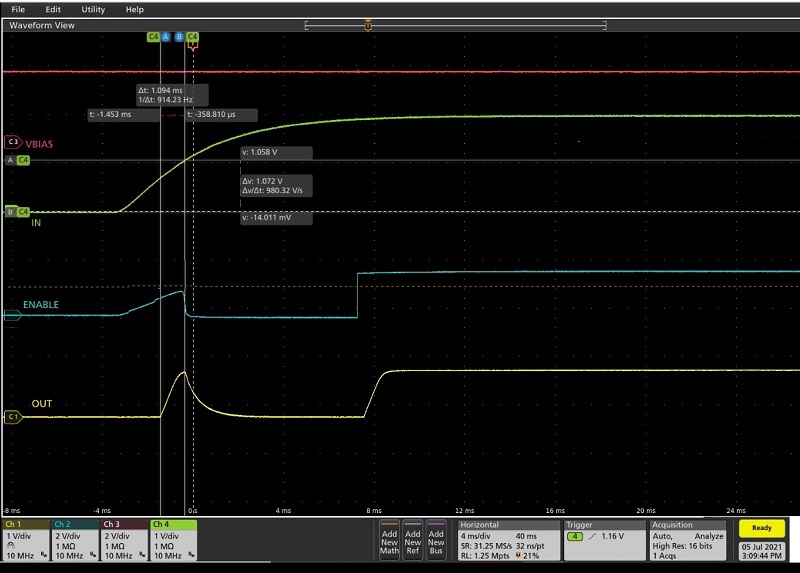 Power-on sequence of the MAX38908 where the Enable glitch causes a false output.