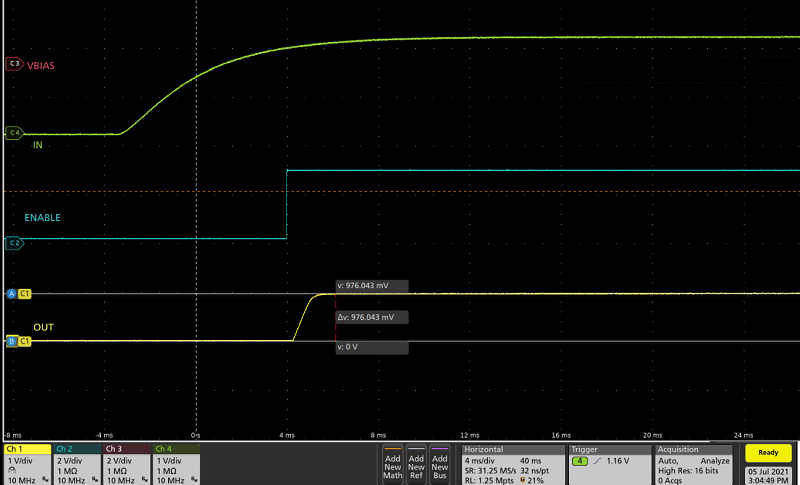 Power-on sequence of the MAX38908 with clean Enable generated by the MAX16161.