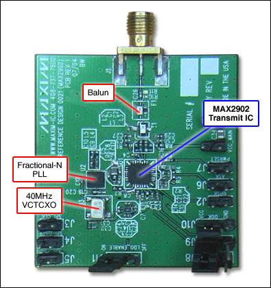 图1. 参考设计板采用MAX2902单芯片发送器，设计工作在868MHz至915MHz波段。器件完全符合FCC CFR47第15.247章节关于902MHz至928MHz ISM波段的规范