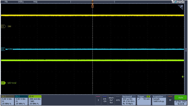 MAX25511 – ADIM duty cycle = 0%, DIM duty cycle = 100%, ILED_total = 400mA