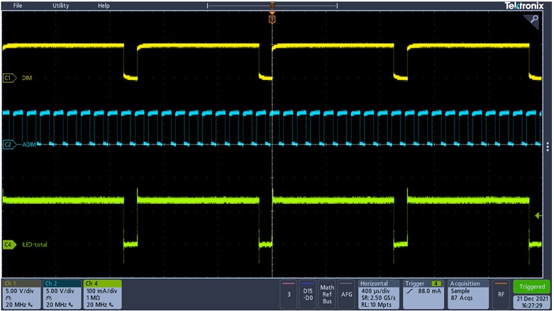 MAX25511 – ADIM duty cycle = 67%, DIM duty cycle = 90%, ILED_total (peak) = 132mA