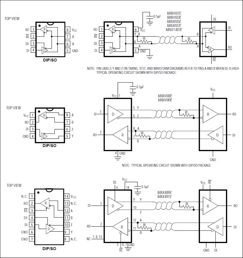 MAX1487E、MAX481E、MAX483E、MAX485E、MAX487E、MAX488E、MAX489E、MAX490E、MAX491E：引脚配置和典型工作电路