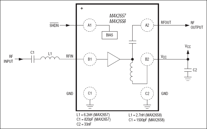 MAX2657、MAX2658：引脚配置/典型应用电路