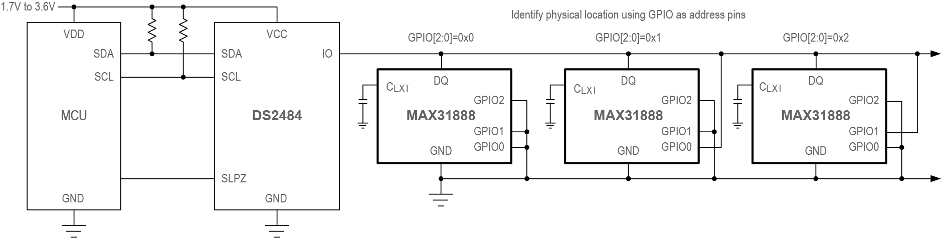 MAX31888 Typical Application Circuit 1 Wire Master and up to Eight Physical Locations.