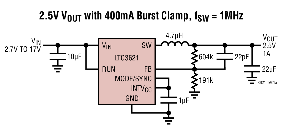 2.5V VOUT with 400mA Burst Clamp, fSW = 1MHz