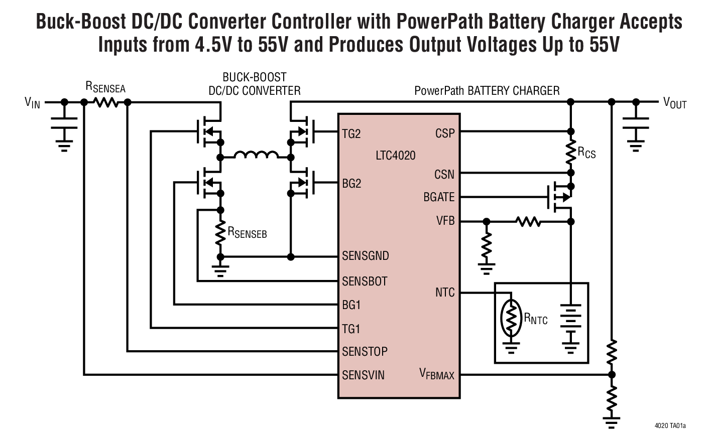 Buck-Boost DC/DC Converter Controller with PowerPath Battery Charger Accepts Inputs from 4.5V to 55V and Produces Output Voltages Up to 55V