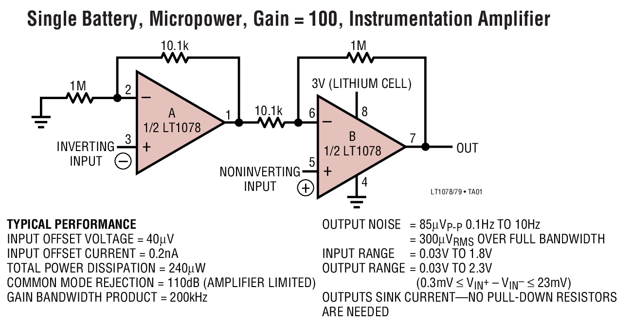 Single Battery, Micropower, Gain = 100, Instrumentation Amplifier