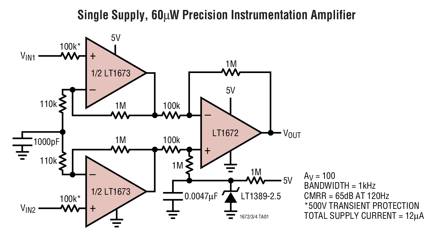 Single Supply, 60µW Precision Instrumentation Amplifier