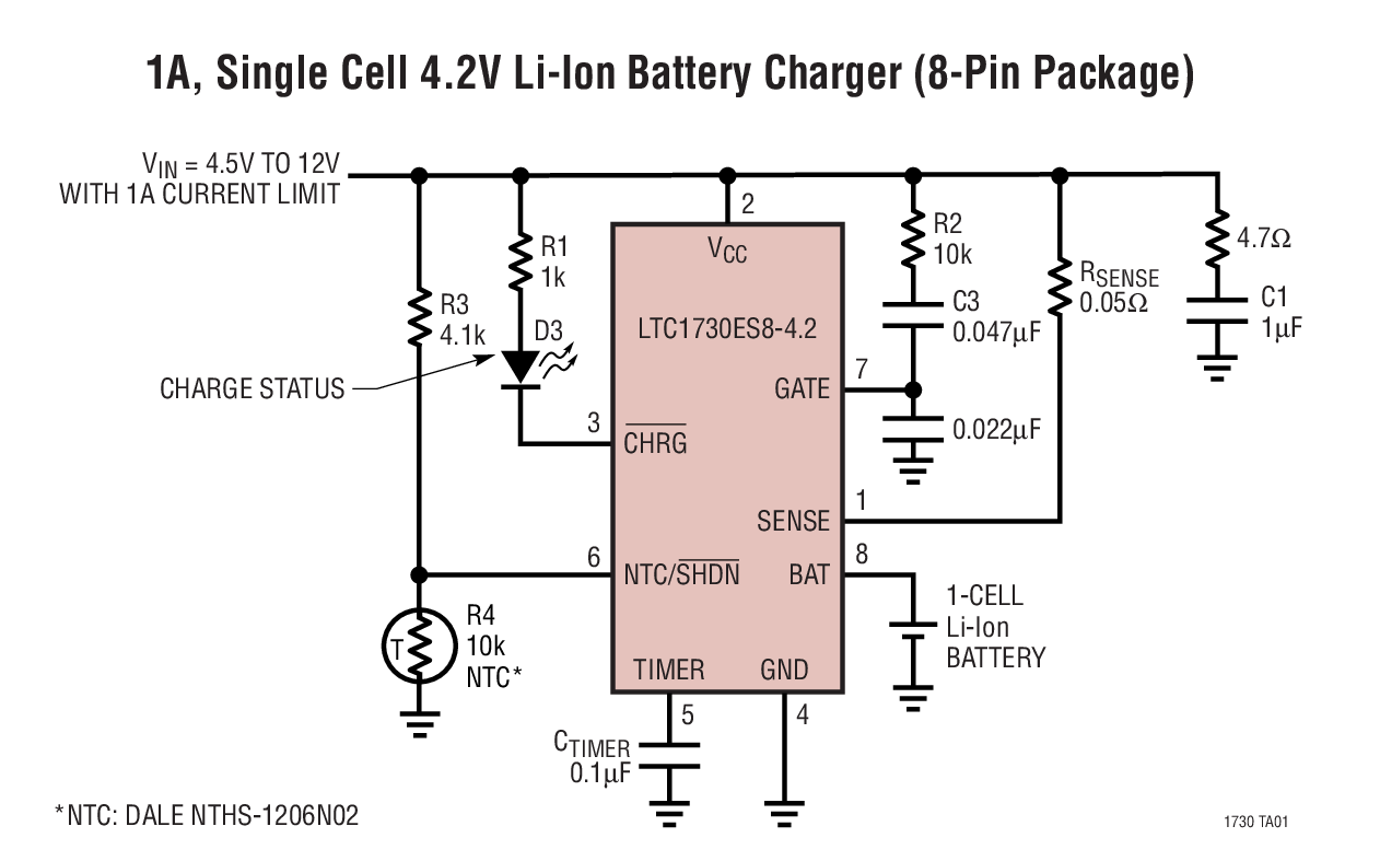 1A, Single Cell 4.2V Li-Ion Battery Charger (8-Pin Package)