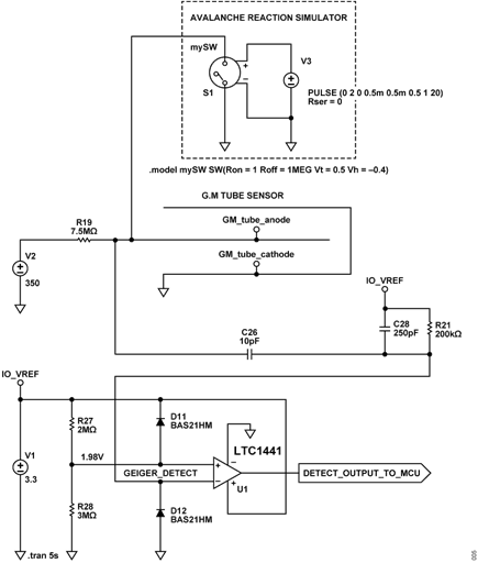 Figure 5. LTspice Schematic of the Geiger Pulse Shifting and Detection Circuitry