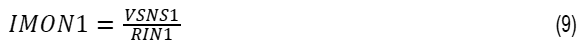 The circuit provides input and output current monitoring using the IMON1 and IMON2 pins. For reading the current at the V1 side, the current output of IMON1 is scaled to the voltage across the current sense resistor RSNS1 divided by the input sense resistor RIN1, as described in Equation 9: