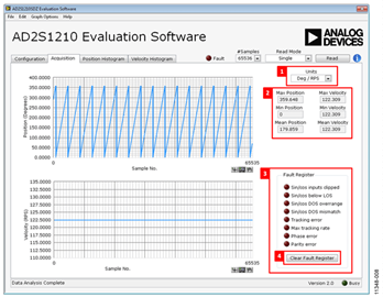 Evaluation Software Output Display Showing Acquisition Tab Position and Velocity Data Evaluation Software Output Display Showing Acquisition Tab Position and Velocity Data