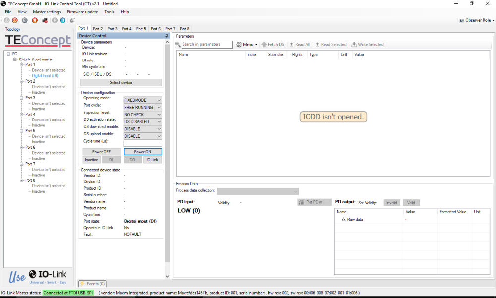 Figure 6a. TEConcept IO-Link Control Tool GUI showing MAXREFDES163# with sensor off.