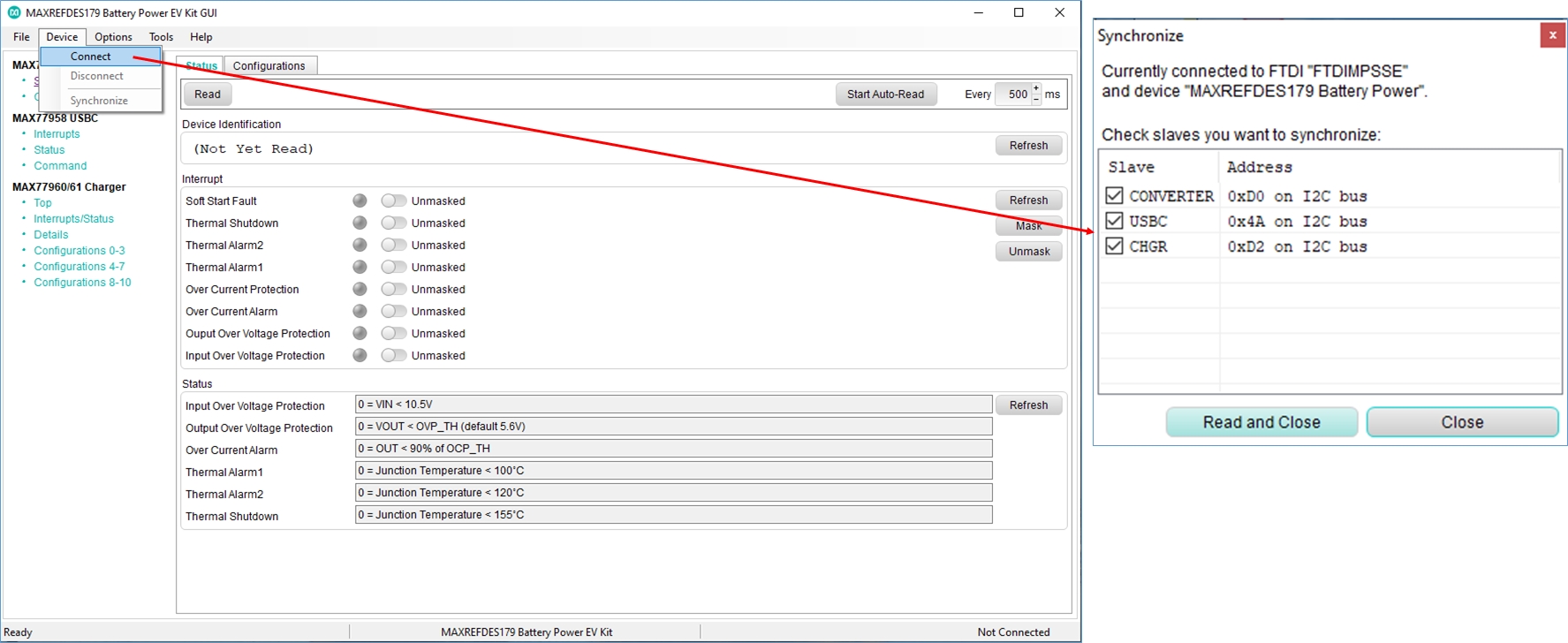 Figure 5. MAXREFDES179 Battery Power GUI connection.