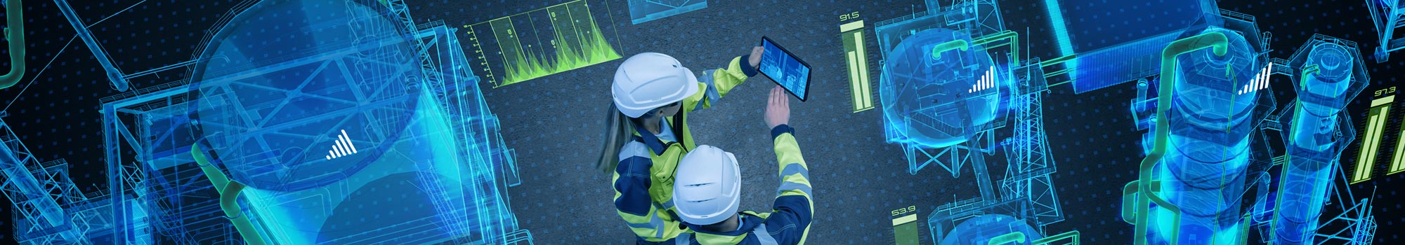 Engineers study an augmented reality factory