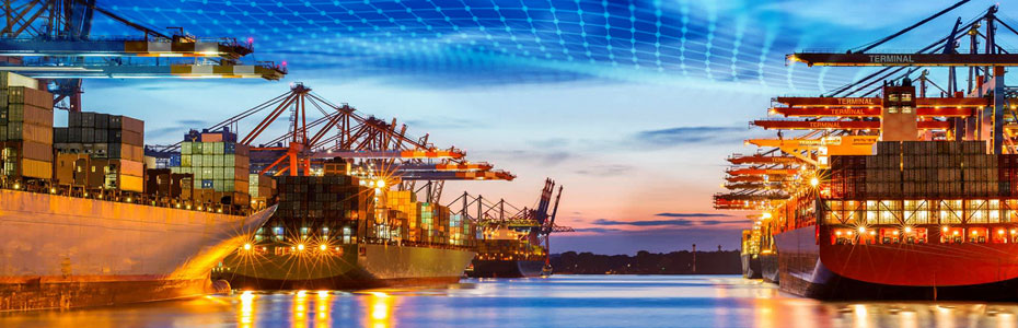 Shipping vessels in port overlaid with network mesh